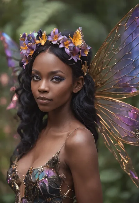 "1 beautiful black fairy woman cyber punk with African ethnicity. A stunning, ethereal depiction of a mesmerizing Flower Fairy in a fantasy realm.Close up,Flower fairy,crystal fairy, shiny butterfly wings,crystal blossom flower,
fantasy, galaxy, transparen...