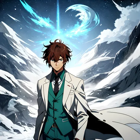 Anime image of a brown-haired man in a white suit and blue tie standing in the snow, Shinkai sincerely, New Xiangcheng, Honest, ryuta ueda artwork, offcial art, Anime handsome man, inspired by Hisui Sugiura, koyoharu gotouge, inspired by Okumura Togyu, hij...