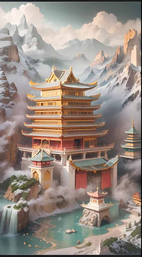 Jade，Gilded mountains，（Paper carving：1.5），Tilt-Shift，（Cloud fog：1.3），viewed from birds-eye，Soft lighting，Dreamy，white colors，golden colored，Traditional Chinese color scheme，reasonable design，Clear lines，High sharpness，Best quality，Very detailed，Masterpiece...