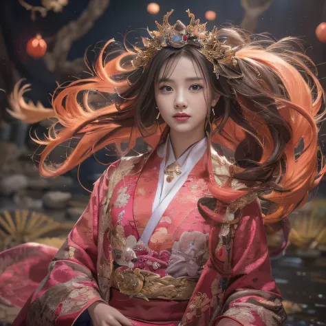 32K（tmasterpiece，k hd，hyper HD，32K）Flowing Nezha hair，Flowing rouge，ponds，zydink， a color，  Asian people （Silly girl）， （Silk scarf）， Combat posture， looking at the ground， Flowing ball hairs， Flowing rouge curls， Crocodile leather tiara， Chinese long-sleev...