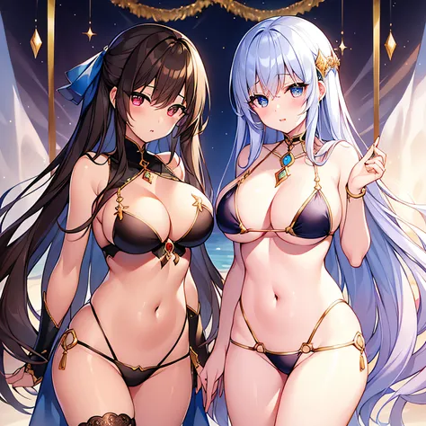 top-quality、extremely delicate and beautiful、((Soio))、(Right eye is blue）、（The left eye is red)、Arabian costume 、Navel、(silber hair)、femele、（Black bikini for lower body）、(((Brown skin)))