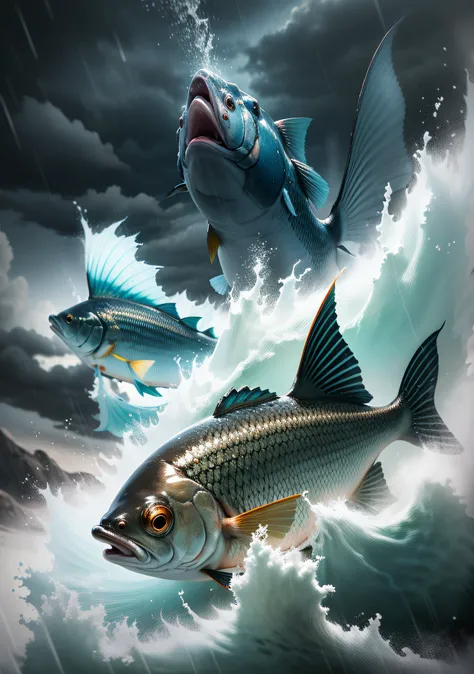 Heavy rain weather，dark stormy clouds，Stormy，downpours，salama，Fish variation，Animal variation，