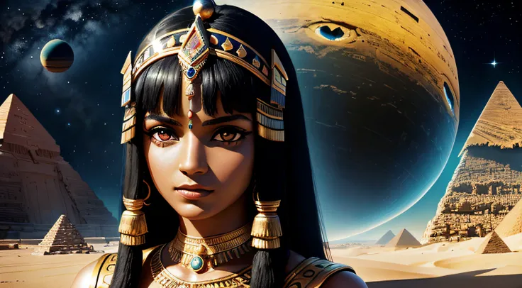 Arab woman in Egyptian costume with pyramid background, beautiful cleopatra, An Egyptian princess, cleopatra portrait, Cleopatra, Egyptian, android girl in egyptian ruins, epic 3 d yemaya, Black Emma Watson 飾演 Egyptian, ancient libu princess, portrait of c...