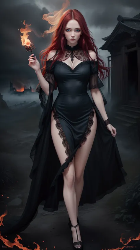 Gothic, Portrait, (((photorealistic portrait))), (((Hyper-realistic portraits))). Beautiful (Sexy young woman), Long bright red hair, (Beautiful face), (Blue eyes), (((Correct anatomy, Correct body proportions))), Correct hands, Correct hands, Correct hand...