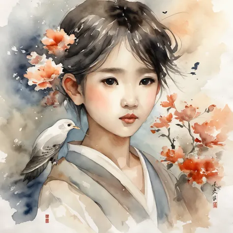 Hyper-realistic、Extremely delicate Chinese ink painting，It presents ink paintings full of Chinese style。The picture shows a young boy sitting on a giant koi flying in the sky，Thick clouds surrounded。The little boy has short hair，Barefoot。The depth of field...