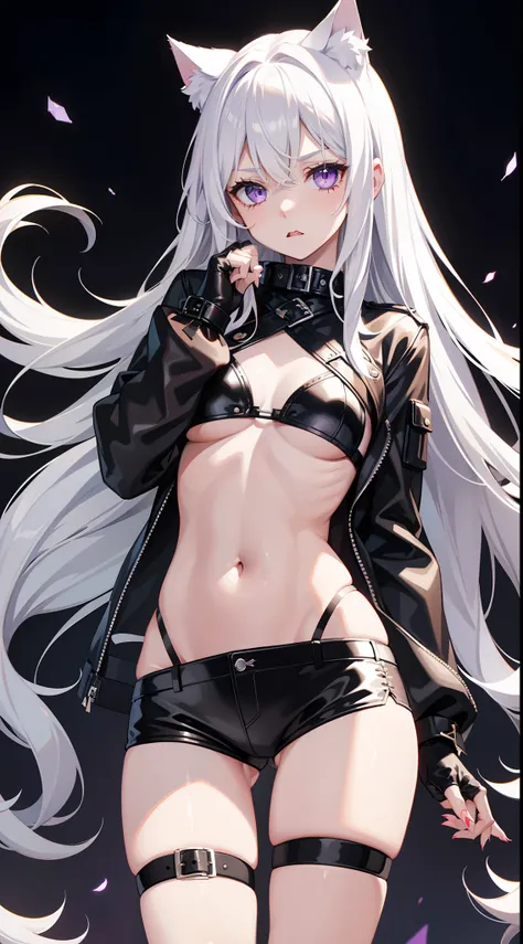 young girl, Long white hair, cat ears, violet eyes, leather jacket, briefs, tear stockings, Black Top, open belly, Lots of scars, claws, anger, Masterpiece, hiquality