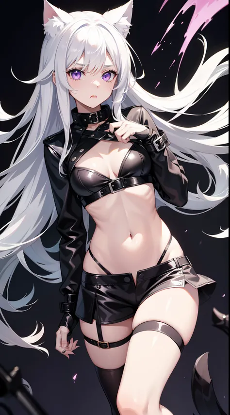 young girl, Long white hair, cat ears, violet eyes, leather jacket, briefs, tear stockings, Black Top, open belly, Lots of scars, claws, anger, Masterpiece, hiquality