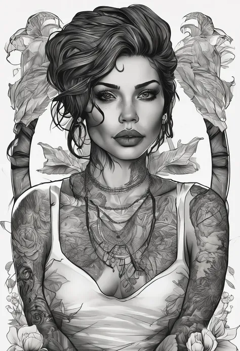 "Realistic black and gray tattoo artwork with black hair."