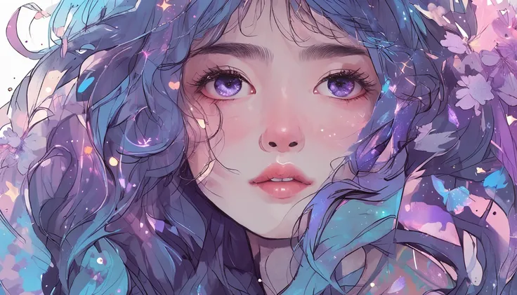 Half of the face of a Korean girl, Features realistic stroke styles and pastel colors using a purple and blue palette, With cosmos as a background and stars.