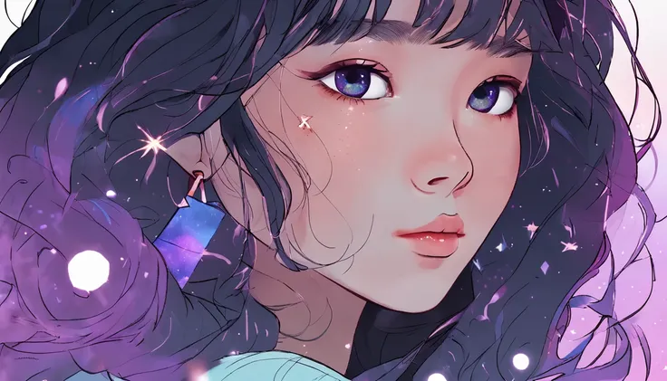 Half of the face of a Korean girl, Features realistic stroke styles and pastel colors using a purple and blue palette, With cosmos as a background and stars.