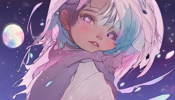 Half of the face of a Korean girl, Features realistic stroke styles and pastel colors using a purple and blue palette, With cosmos as a background and stars.