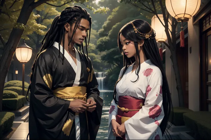 "Create a striking digital art piece that celebrates black culture and romance in an anime-inspired style. Portray a serene scene with a river, abundant trees, and falling rose petals. The main focus is a passionate couple - a man and a woman with beautifu...