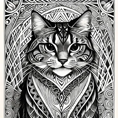 Maincoon cat, (best quality) zentangle, fine line drawing, fine line art, colouring book illustrations, ultra-detailed, intricate linework, highly detailed illustration, perfect composition, beautiful and stunning, dynamic angle, high contrast, incredible ...