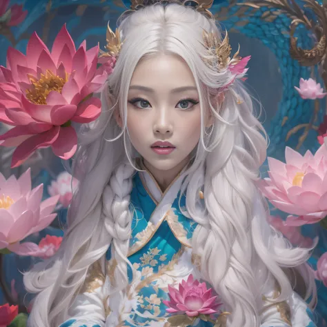 32K（tmasterpiece，k hd，hyper HD，32K）curlies，Flowing rouge，Lunar soil pool，zydink， a color， Kunlun Snow Mountain people （White Lotus Woman）， memorabilia（Blue and white scarf）， Combat posture， looking at the ground， Large rolls of rouge， Flowing rouge curls，G...