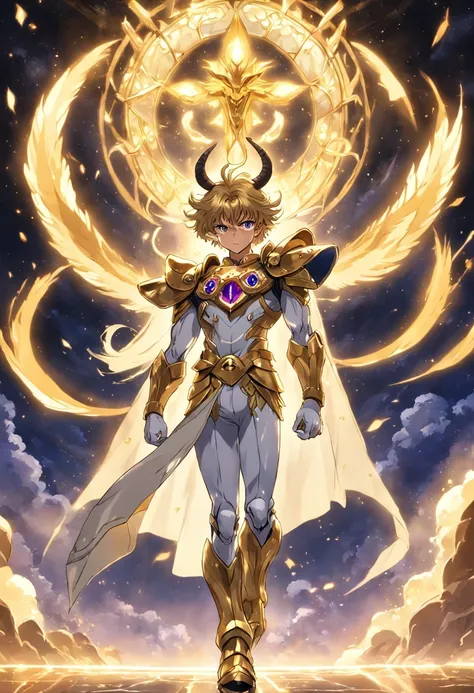 Mu de aries, 1 homem, cavaleiro de aries, Anime Knights of the Zodiac, Anime saint Seyia, imagem fantasia, cavaleiro de aries andando envolto de fragmentos de cristal dourado, fundo templo grego destruido altamente detalhado