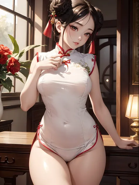 absurderes,(​masterpiece、top-quality、8K ),intricate detailes,ultra-detailliert、one girls、A slight smil、(beautiful countenance、long lashes、Slender eyes、Hanging,Lustrous lips:1.4),((double bun hair:1.4)),((Red cheongsam、side slits:1.4)),(shiny white skin:1.3...