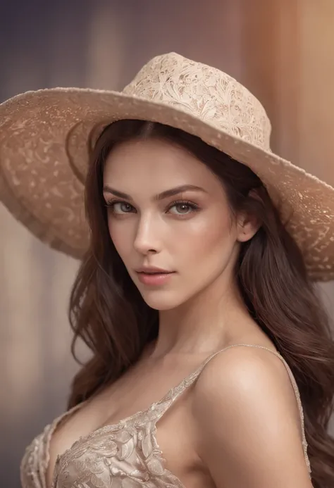 Photorealistic head-to-toe image of a gorgeous brunette woman wearing a tight gala-dress and a large fedora, Colorants naturels, pose dynamique, Kinematic image, —Niji 5 — Expressive style Textured detail Gorgeous face, detailed skin, Looking with purple e...