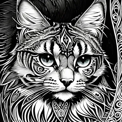 maincoon cat, (best quality) zentangle, fine line drawing, fine line art, colouring book illustrations, ultra-detailed, intricat...