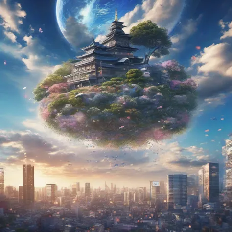 ccurate, best quality, masterpiece, UHD, high details, award winning, (Amazing:2.0), (Surrealism), Conceptual art, Verism, cinematic lighting, floating island in the sky, (((beautiful tokyo street))), Horizon, blue sky, paradise scenery, flowers, wind flow...