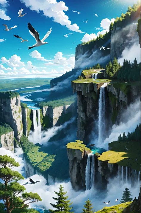 Flying on the cliff, above the very high waterfall, look down on the fluctuating pond, high sunlight, blue sky, white cloud, birds, forest, trees, 8K, masterpiece, best quality, high resolution, extremely full detailed