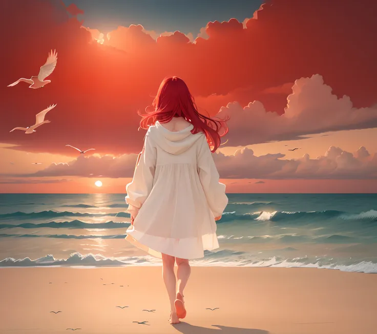 Illustration of a red dawn, The sea, Seagulls, Sand, Slender girl in light summer dress walking on the sand.