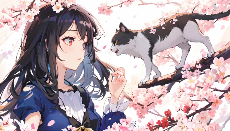 Anime girl with long black hair and a cat in background, style of anime4 K, Anime art wallpaper 4k, Anime art wallpaper 4 K, anime cat, 4k manga wallpapers, 4K anime wallpaper, beautiful anime catgirl, Anime art wallpaper 8 K, Anime wallpaper 4K, Anime wal...