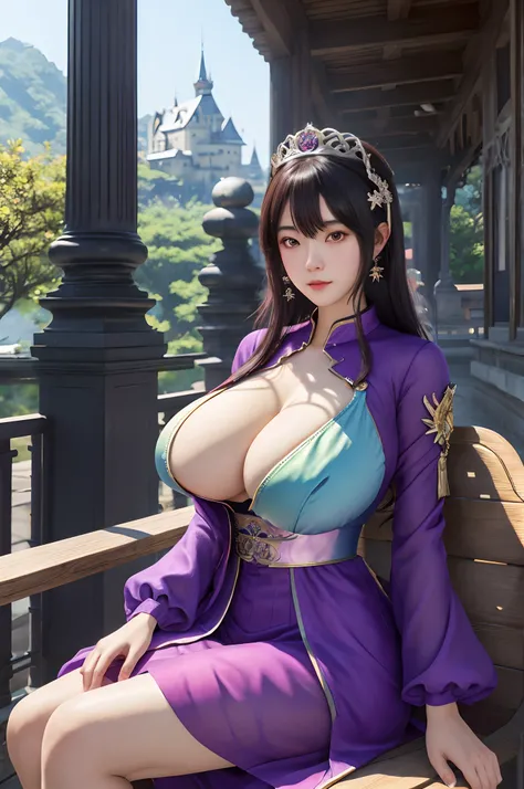 Anime girl in purple dress sitting on bench,(((huge tit)))，The background is a castle, Extremely detailed Artgerm, trending on cgstation, beautiful and seductive anime woman, (((huge tit)))，a beautiful fantasy empress, (((huge tit)))，full-body xianxia, Ani...