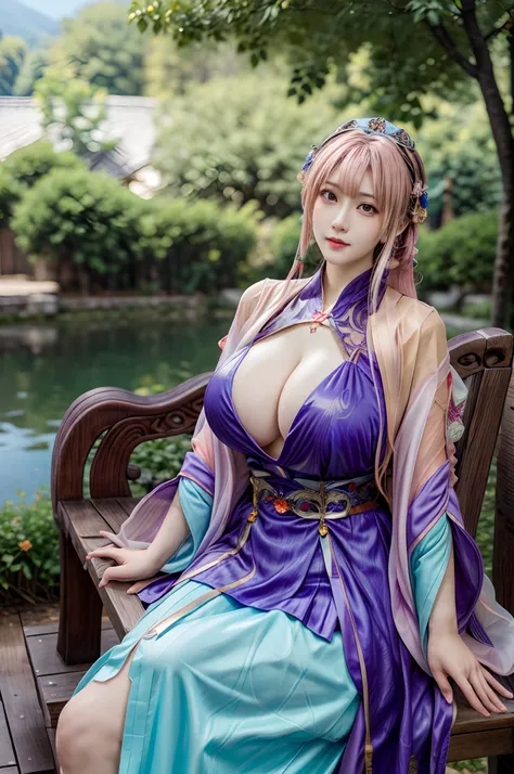 Anime girl in purple dress sitting on bench,(((huge tit)))，The background is a castle, Extremely detailed Artgerm, trending on cgstation, beautiful and seductive anime woman, (((huge tit)))，a beautiful fantasy empress, (((huge tit)))，full-body xianxia, Ani...