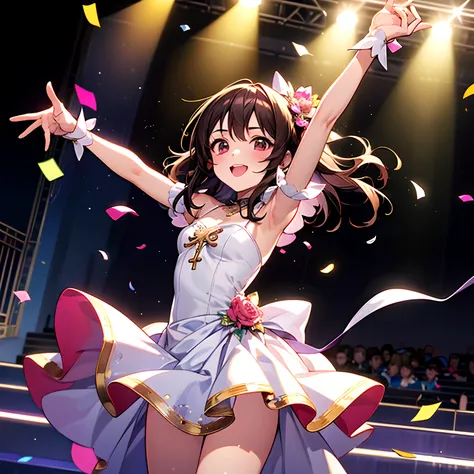 Idol girl in dress dancing on stage with confetti, a photo by Kamagurka, Pixiv Contest Winner, conceptual art, nightcore, splash art anime loli, sparkling magical girl, best anime 4k konachan wallpaper, anime moe art style, Detailed key anime art, official...