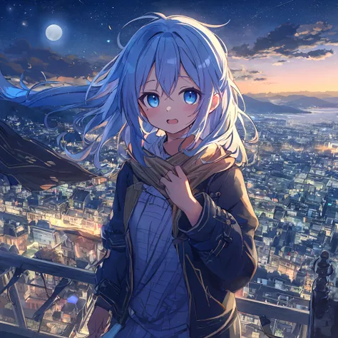 absurderes, hight resolution, (Anime style:1.1), ((masutepiece)), ((Best Quality)), (Ultra-detailed), (Beautiful), 独奏, Beautiful face、(liftup),Cute girl standing on mountain with beautiful view of night view of delicate city at night,Wind,Light blue hair, ...