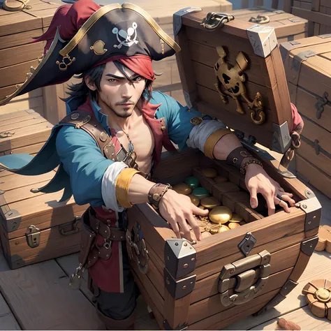 a pirate、male people、Open a treasure chest、treasure chests、