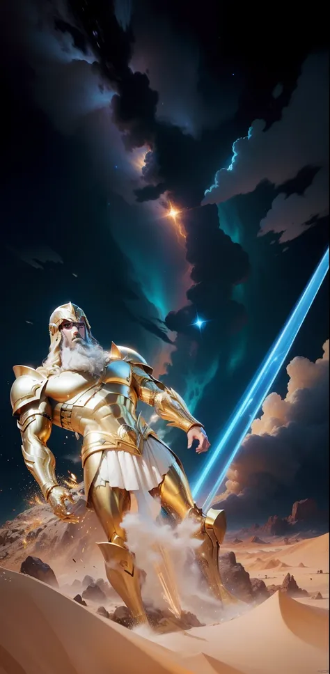 Image of a man in a golden suit with a perk shattered by the desert, Legendary God, Mito grego pintura digital, O Deus nabucodonosro, Arte Promocional, Furioso Deus Zeus, unreal motor render saint seiya, fecho de luz