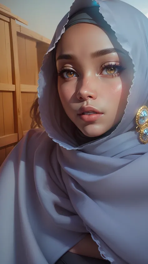 1girl, beautiful girl, brown skin, 8k, high quilty, realistic, beautiful realistic, Cool details, raw photo, realistic Hijab, black skin, realistic eyes, Light and cool lighting, photo realistic, Cel shaded, Gel lighting, ultra details