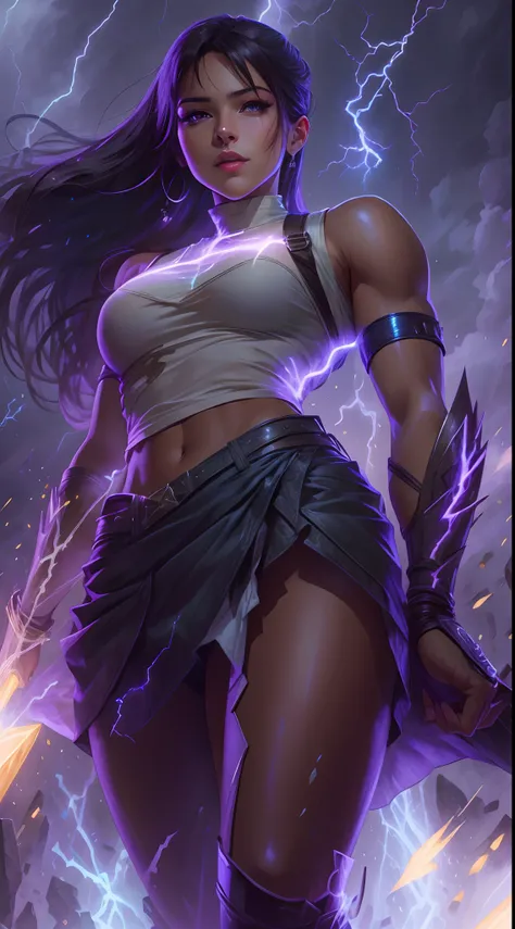 1Beautifulwoman，ff Tifa， X-Men Storm, lightning in hand, a skirt,glowing light eyes