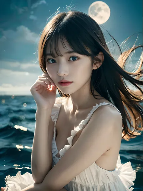 (Close up portrait of little girl with slender small breasts with hair fluttering in the wind in ruffled dress:1.5)、(Girl looking at full moon shining in sea in night sky:1.3)、(Full moon and late night sea :1.3)、(tre anatomically correct:1.3)、(complete han...