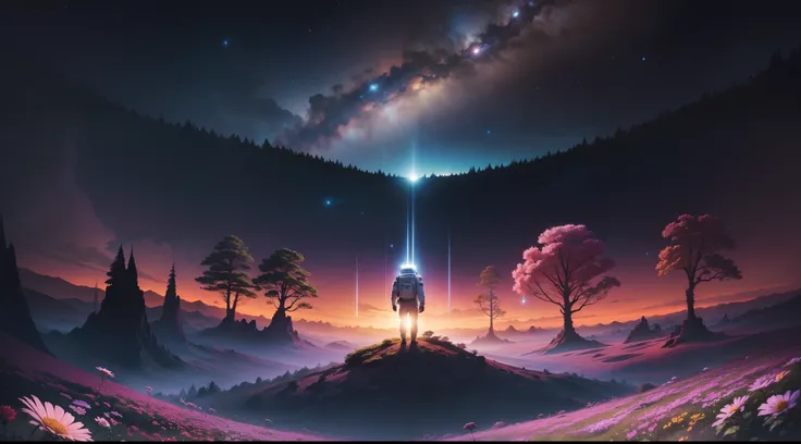 A lone astronaut explores a distant planet covered in a mesmerizing tapestry of colorful flowers and lush forests. As the stars twinkle above, the landscape is bathed in an otherworldly glow that defies imagination