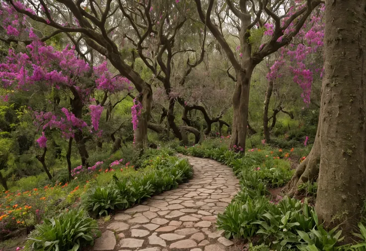 Foto RAW, Melhor, master part, melhor qualidade, alta qualidade, extremamente detalhado, Theres an image, estilo disney, From a path through a flowery forest, A blossoming path to heaven, Uma fotografia de um jardim encantado exuberante, um exterior sonhad...