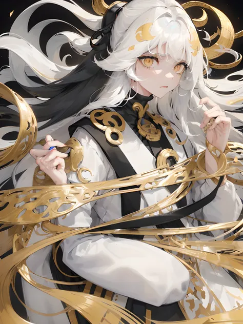 1woman, ((long wavy hair)), ((half of her hair is white and the other half of her hair is black split into two colors)), swept bangs, ((golden eyes)), frown, modern clothes