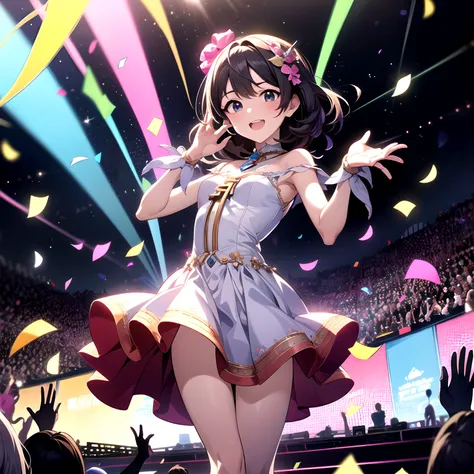 Idol girl in dress dancing on stage with confetti, a photo by Kamagurka, Pixiv Contest Winner, conceptual art, nightcore, splash art anime loli, sparkling magical girl, best anime 4k konachan wallpaper, anime moe art style, Detailed key anime art, official...