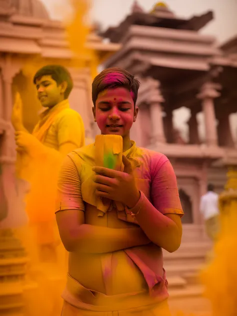 Indian temple, Banaras, happy boy , handsome boy, Holi , festival