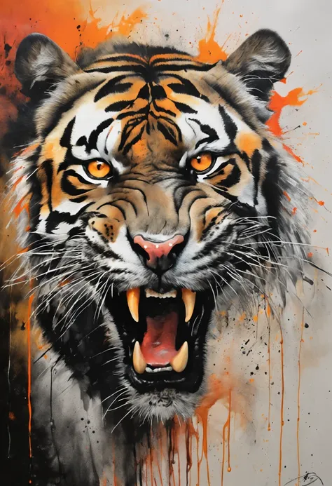 Black and gray realistic tattoo art of tiger with (((orange eyes))) with ink splatter sketch effect ,he is with open mouth looking very fierce and angry