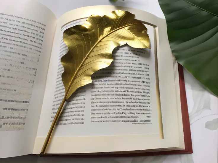 bookmark：green leaf，Two thick gold letters，Content："One leaf"。