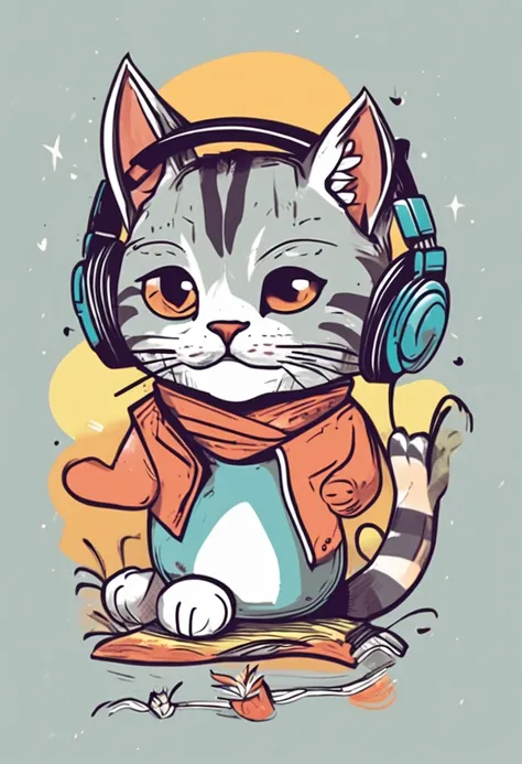 Cute stickers, Cat wearing headphones and playing DJ, Tropical Beach, Retro Classic, simple drawing,