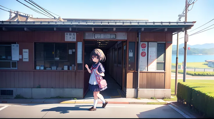 Octane Render、(Hyper-detailing: 1.15)、(Soft light、sharp: 1.2)、morning、Elementary school girl with school bag walking on a road parallel to the railway tracks、Raising the right hand、Vigorous、You can see the sea in the background, I see the train、（ hair ador...