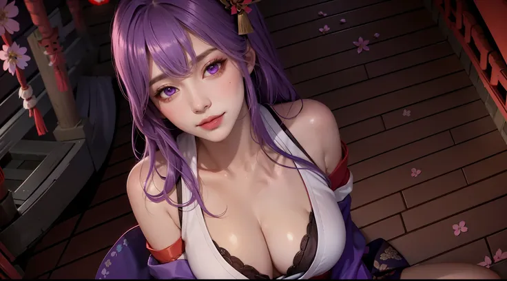 （t masterpiece, Need,1girll, Solo, Intricate details, Looking up perspective, color difference), real photo,(facade), (shoulder cut), cleavage, Close-up, smile, Sexy enhancement,Yae Miko, Purple blue hair, purple blue accents, purple eyes, sharp look, perf...