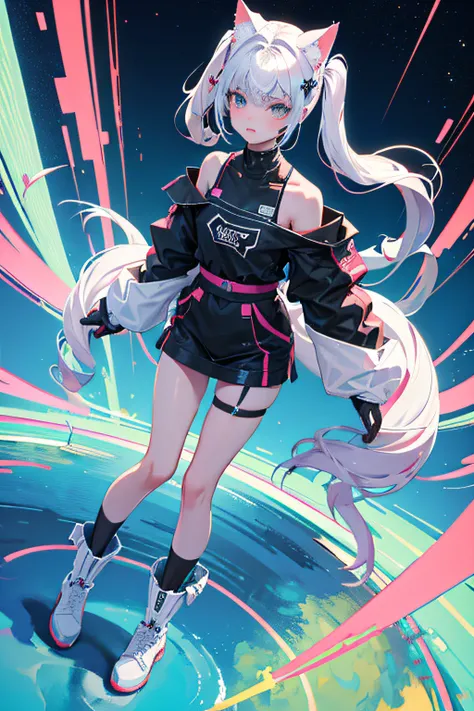 (masterpiece), Quantum voyager, cat ears, twin tails, cat tail, cat girl, cyberpunk, two tone hair, white hair, full body, standing, facing camera, cosmic attire, quantum particles, holographic eyes, traveler, futuristic,