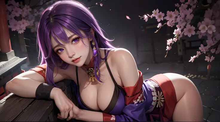 （t masterpiece, Need,1girll, Solo, Intricate details, Looking up perspective, color difference), real photo,(facade), (shoulder cut), cleavage, Close-up, smile, Sexy enhancement,Yae Miko, Purple blue hair, purple blue accents, purple eyes, sharp look, perf...