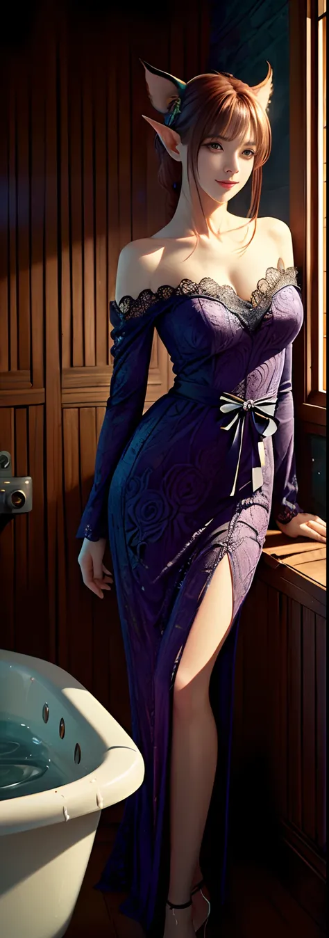 8K high quality wallpaper delicate water drops，Beautiful woman exposing bare shoulders from bathtub
Molding characteristics: Standing posture，
Purple floral long dress
Soft natural light，cinematric light， Side lights
Elf ears
The hooded bow is seductive an...