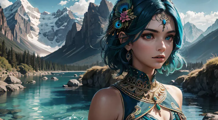 Peacock girl，High hills，flowingwater，High definition，high qulity，illustrious