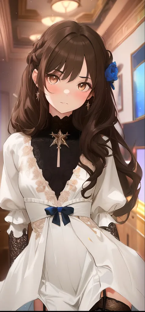 Anime girl in white dress with blue flowers in her hair, Cute anime waifu in a nice dress, Anime visuals of cute girls, ((wearing aristocrat robe)), marin kitagawa fanart, loli in dress, anime moe art style, detailed portrait of an anime girl, Anime Girl w...